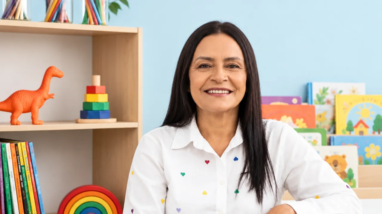 Nagela Bessa sentada em sala com estante de brinquedos pedagógicos e livros infantis
